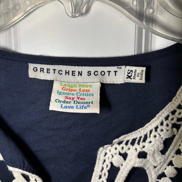 Gretchen Scott Navy Tunic Dress XS Embroidered Lace Trim Cotton Boho Cover Up - Picture 3 of 6